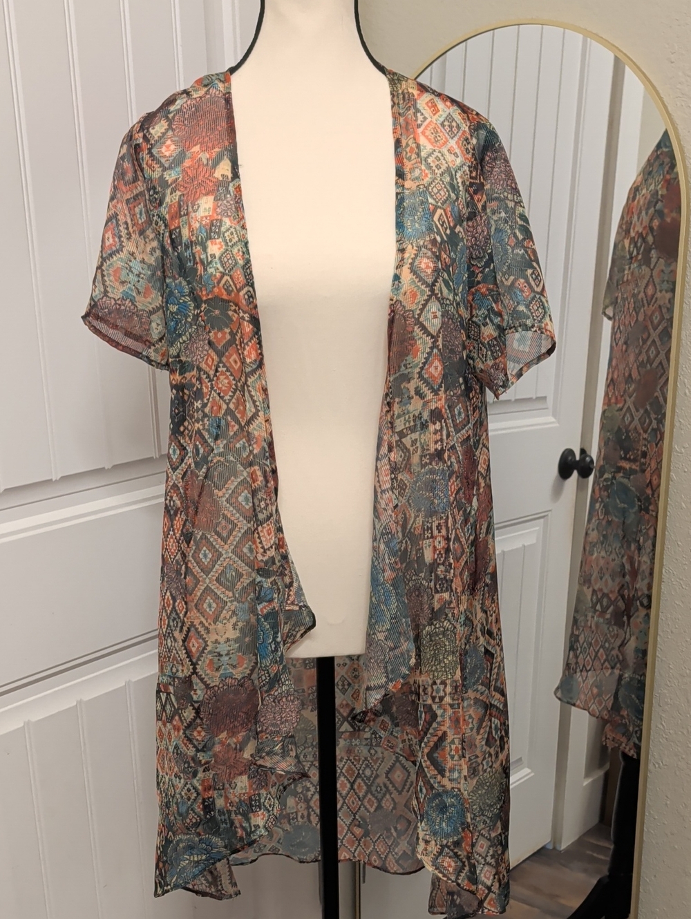 Sheer Patterned Kimono Cardigan in Teal, Rust, Cream